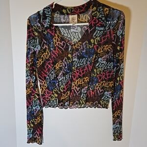 Self Esteem Y2K Mesh Crop Top Women's XL Long Sleeve Graffiti Grunge Streetwear